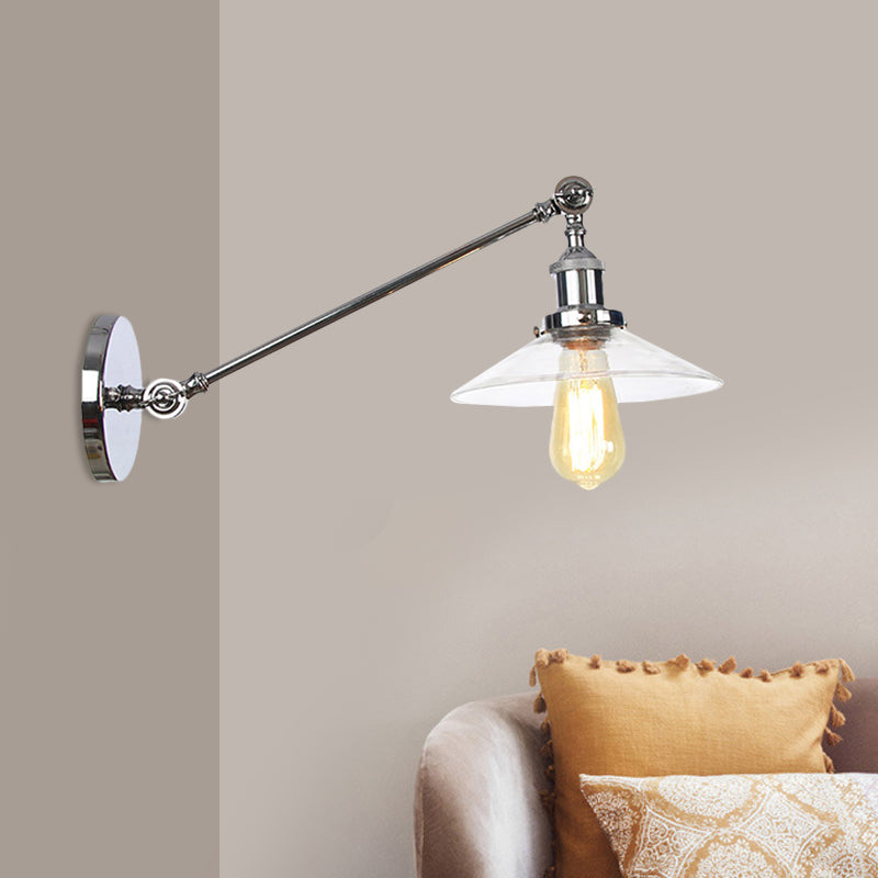 1 Licht Innen Wandlampe Vintage Schwarz/Messing/Bronze Beleuchtungseinrichtung mit konischem transparentem Glasschirm, 8"/12" L Arm