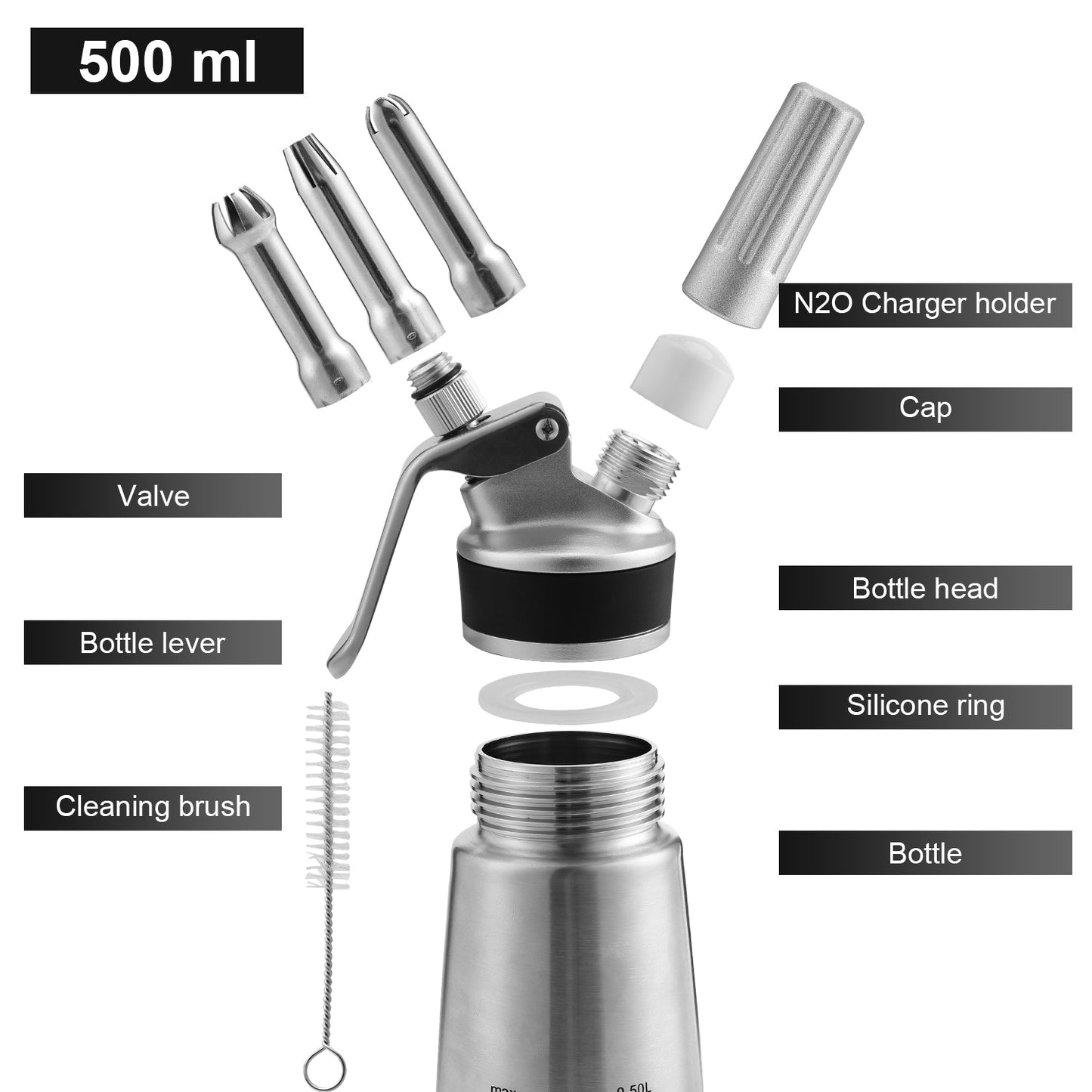 Sahnespender Edelstahl mit 3 Düsen 500ml | Brehn