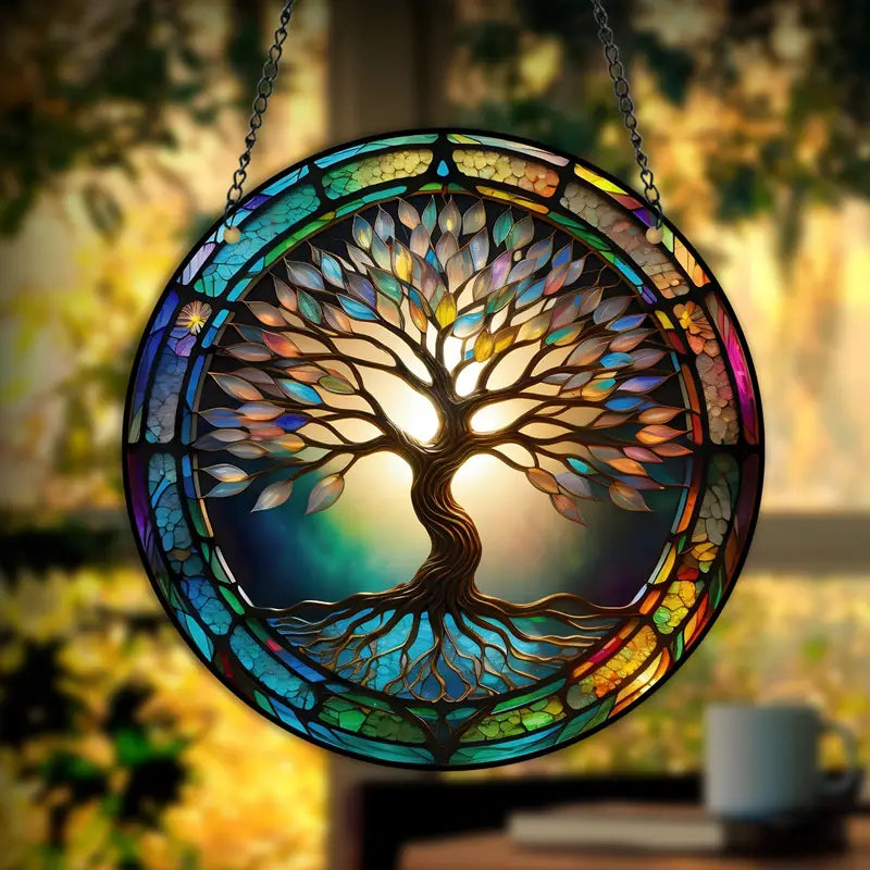 Wandbild mit Baummotiv aus Buntglas, hängend