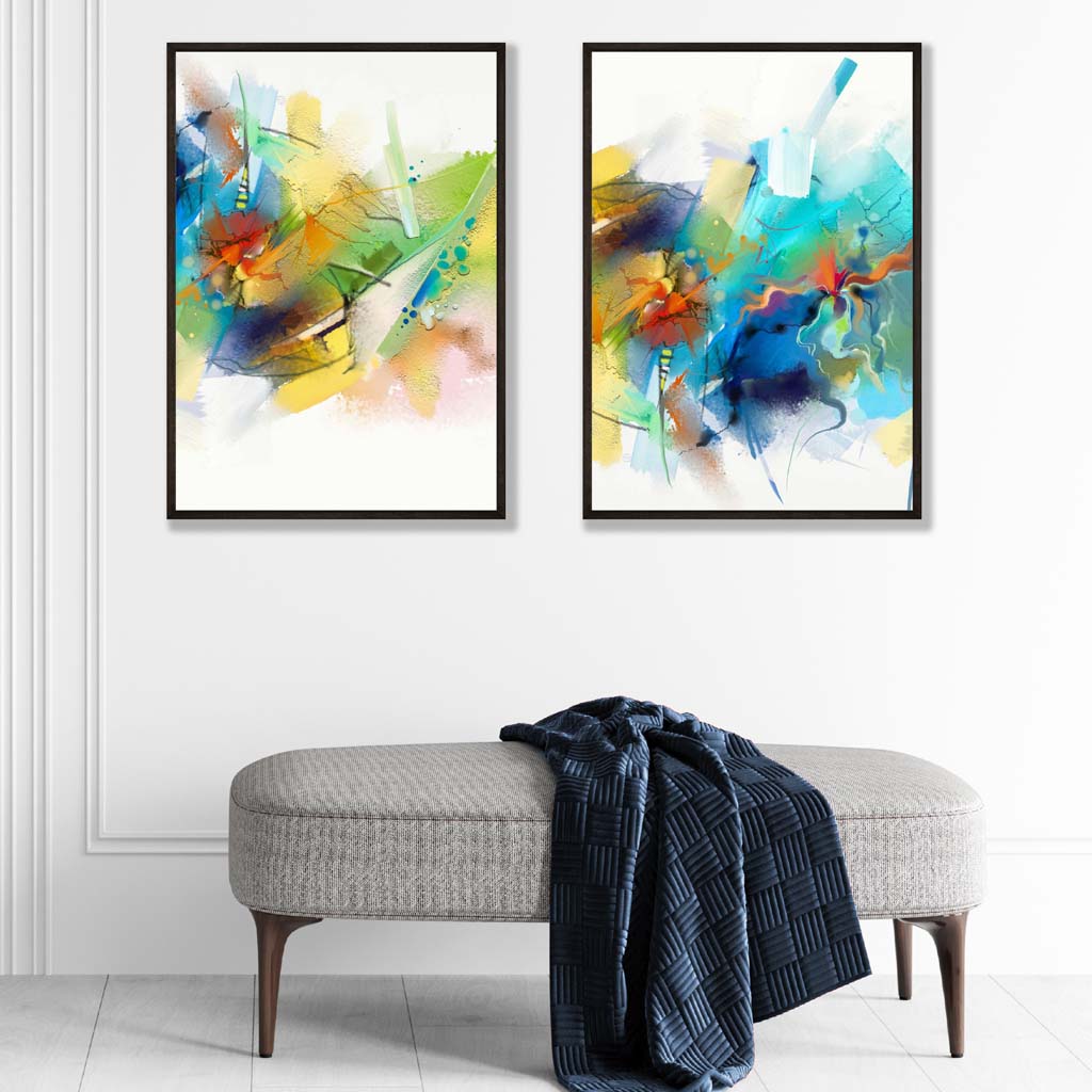 Abstraktes fraktales blau-grünes Set aus 2 Kunstdrucken