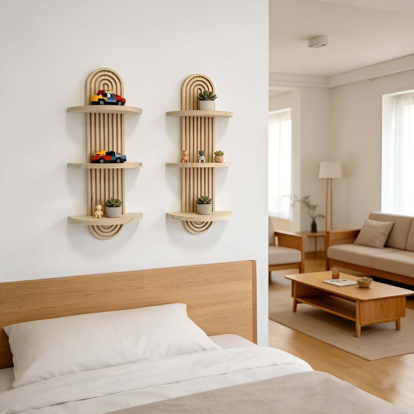 Boho-Wandregal aus Massivholz – mehrstufig und platzsparend | Für Wohnzimmer, Schlafzimmer und Flur