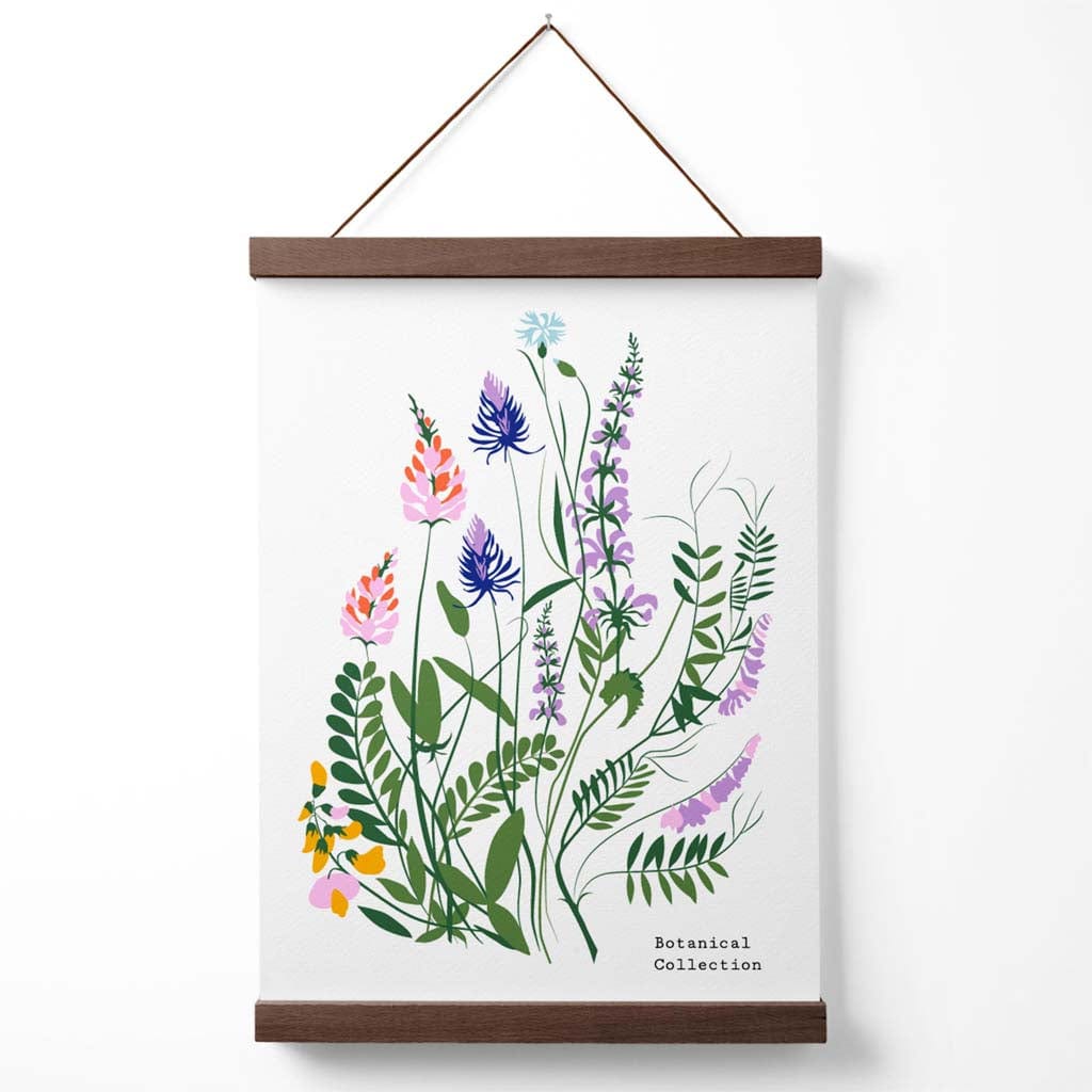 Schlichtes Poster für einen Blumenmarkt mit blauen und violetten Wildblumen, inklusive Aufhänger