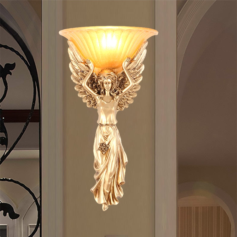 BowLift | Upward Wall Light Satin Glass Vintage Style Gold Resin Decorative Wall-Mounted Wall Light with Angel Design