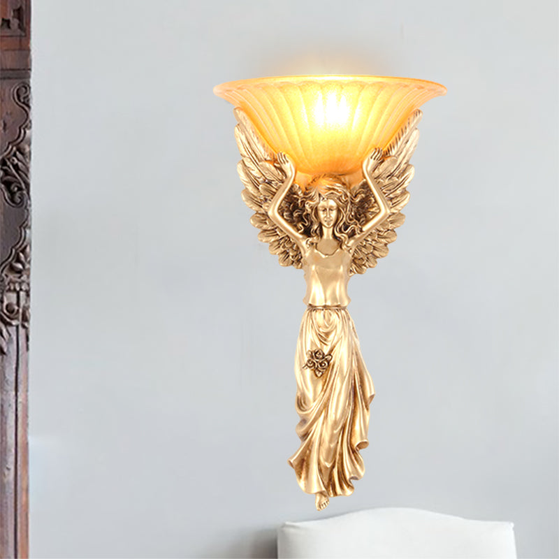 BowLift | Upward Wall Light Satin Glass Vintage Style Gold Resin Decorative Wall-Mounted Wall Light with Angel Design
