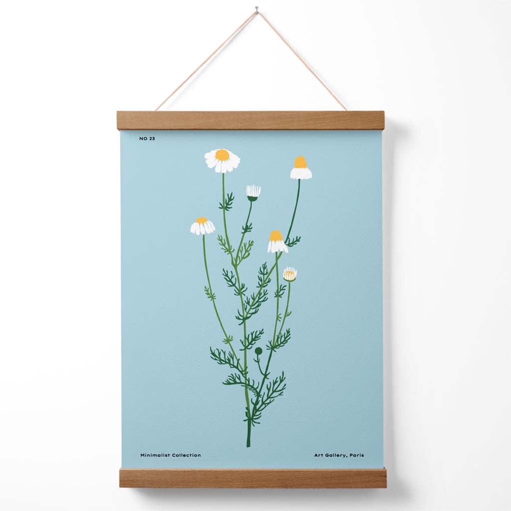 Minimalistisches Poster „Blauer Gänseblümchen-Blumenmarkt“ mit Aufhänger