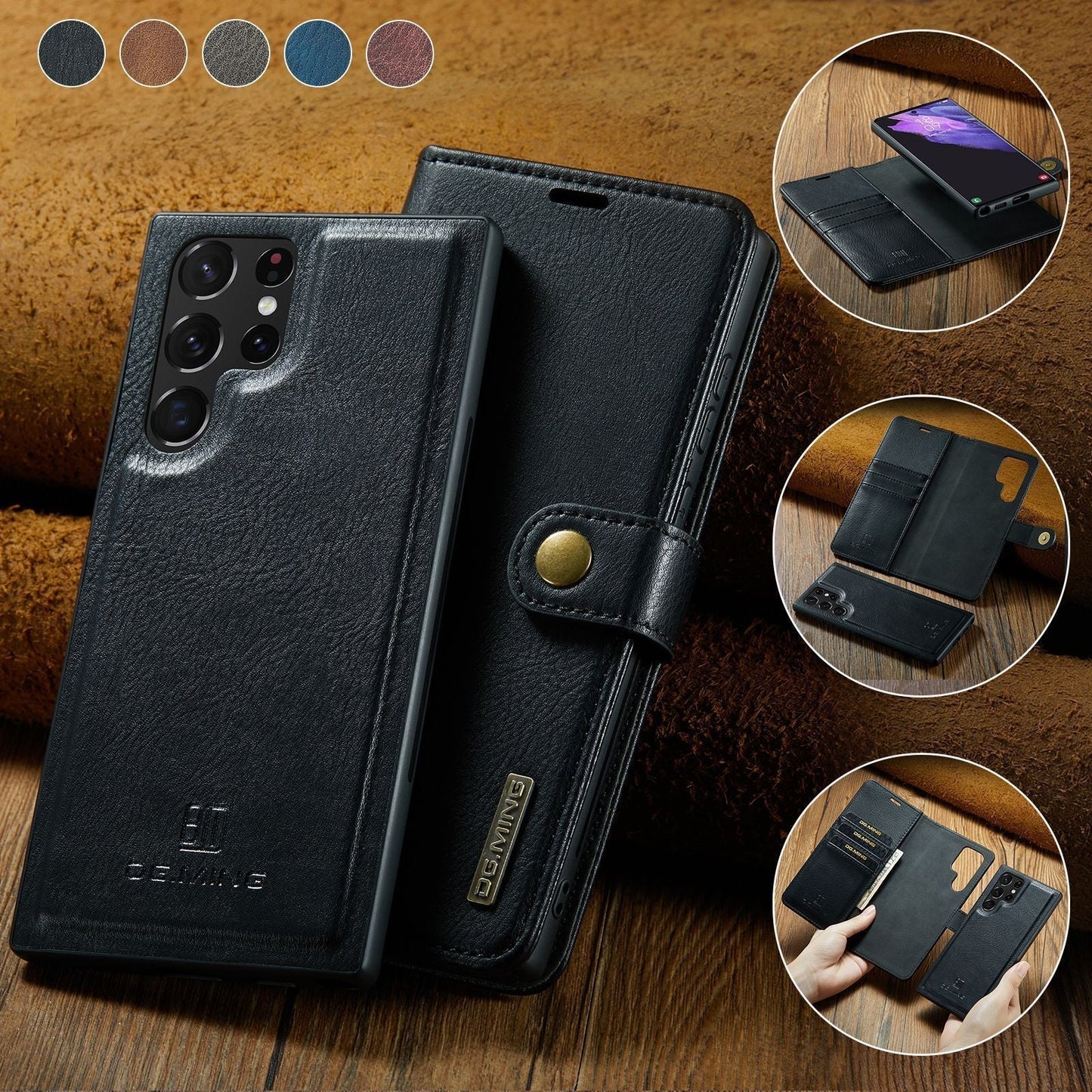 2-in-1-Klapphülle aus Leder mit Abnehmbarem Deckel für Samsung Galaxy
