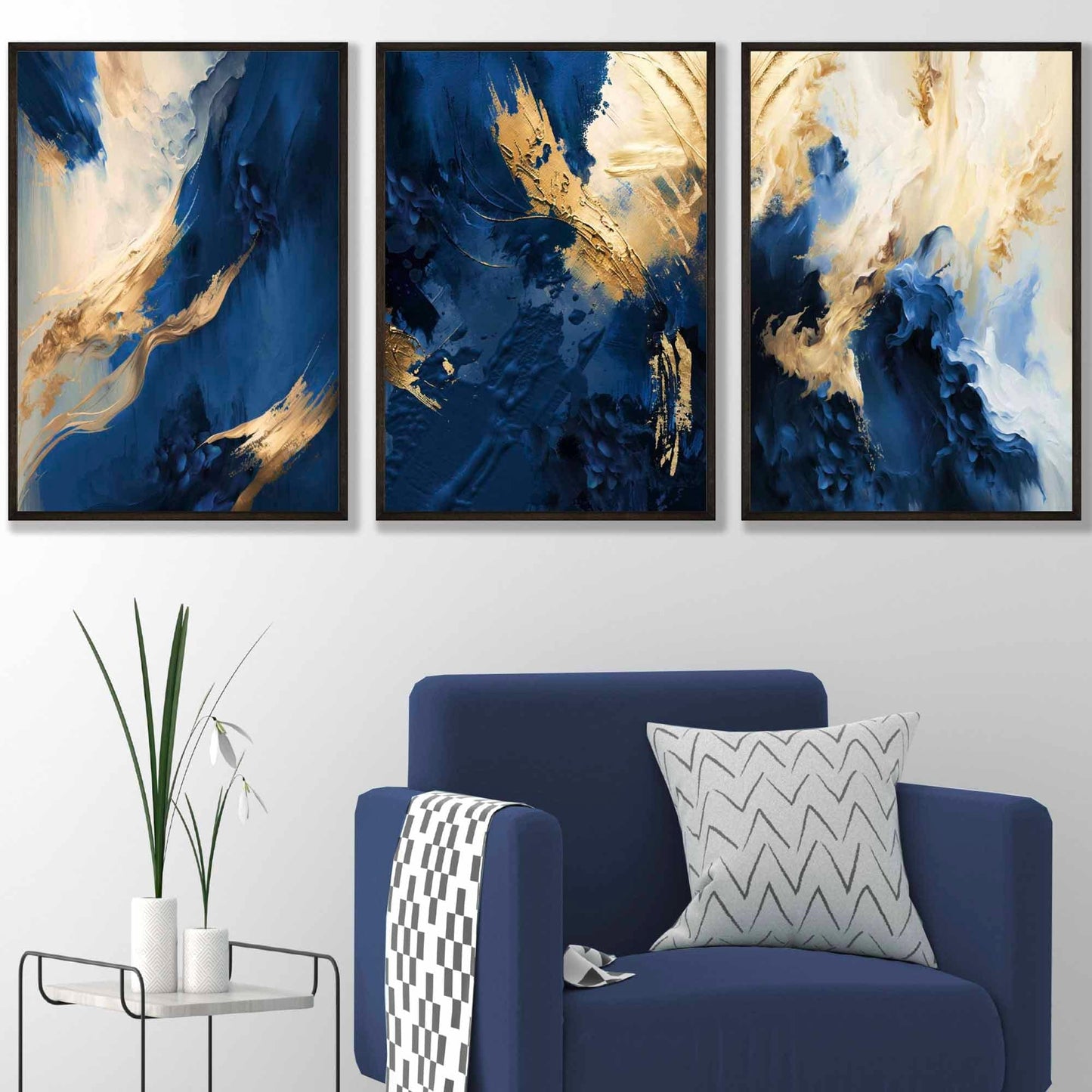 Abstraktes Set aus 3 Wandbildern in Marineblau und Gold