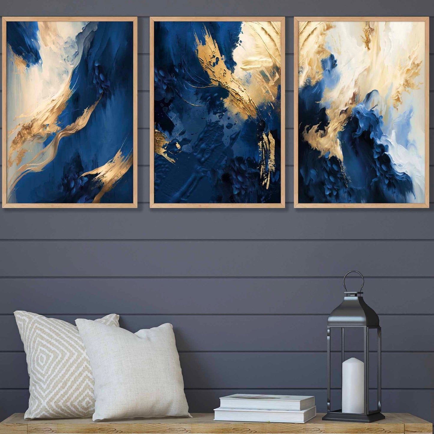 Abstraktes Set aus 3 Wandbildern in Marineblau und Gold