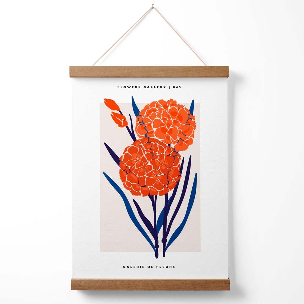 Ausstellungsplakat für den Allium-Blumenmarkt in Blau und Orange mit Aufhänger