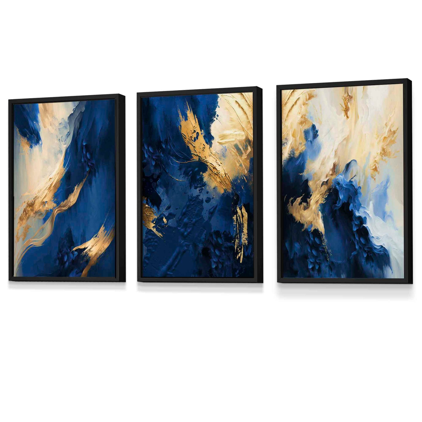 Abstraktes, gerahmtes Set aus 3 Wandbildern in Marineblau und Gold