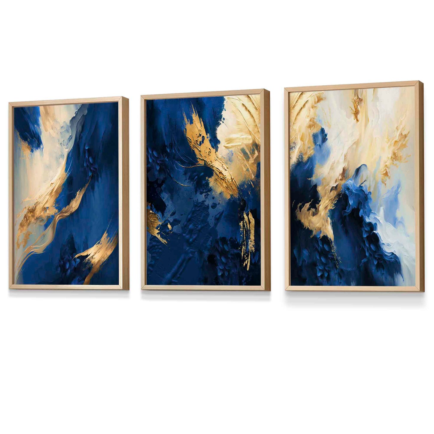 Abstraktes, gerahmtes Set aus 3 Wandbildern in Marineblau und Gold