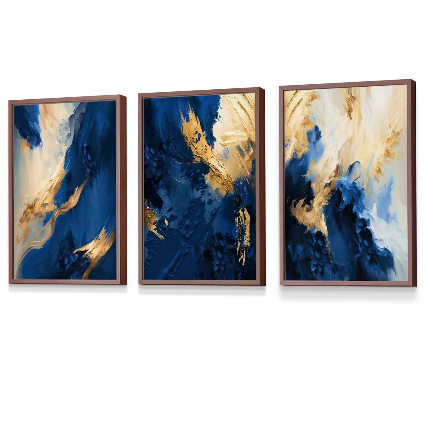 Abstraktes, gerahmtes Set aus 3 Wandbildern in Marineblau und Gold