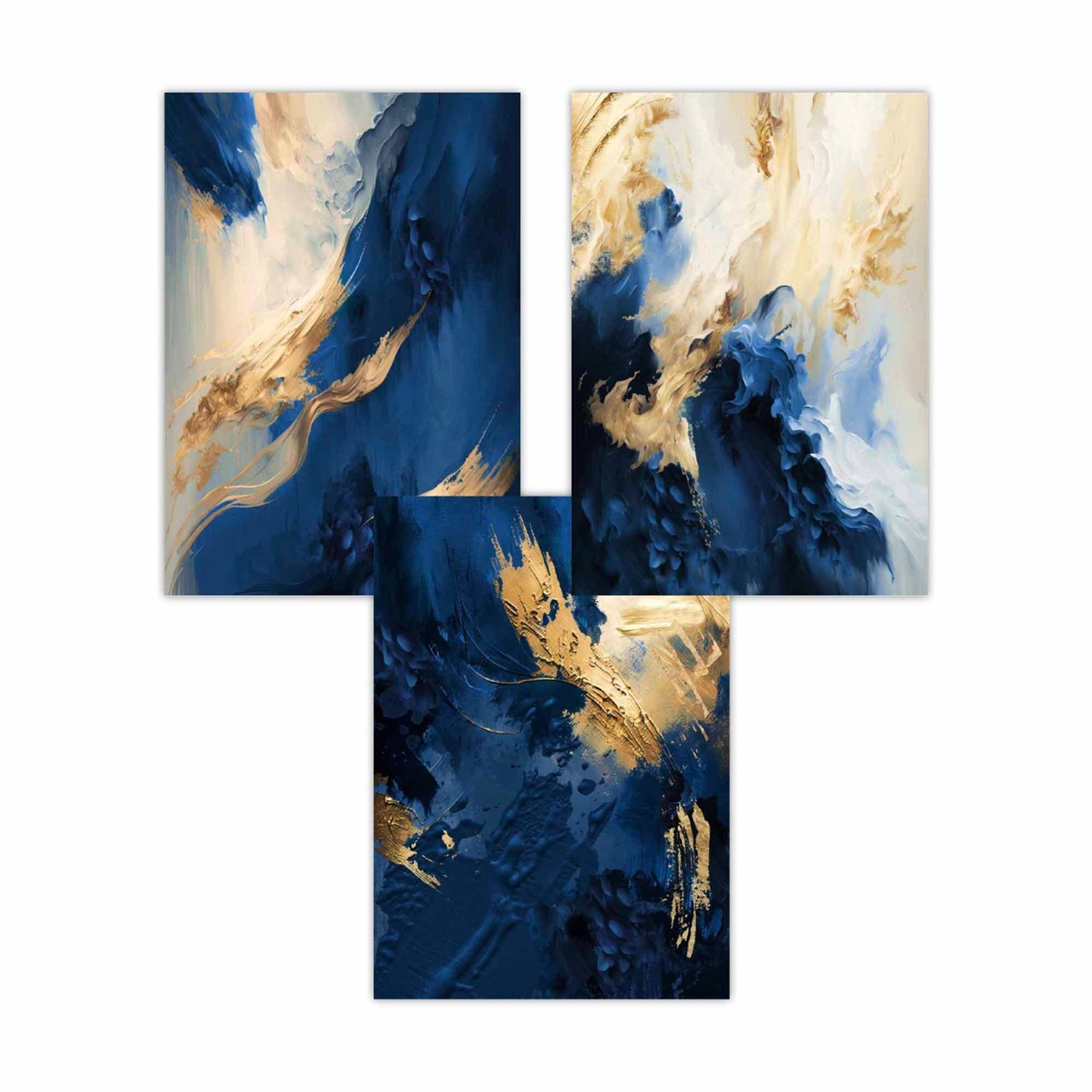 Abstraktes Set aus 3 Wandbildern in Marineblau und Gold