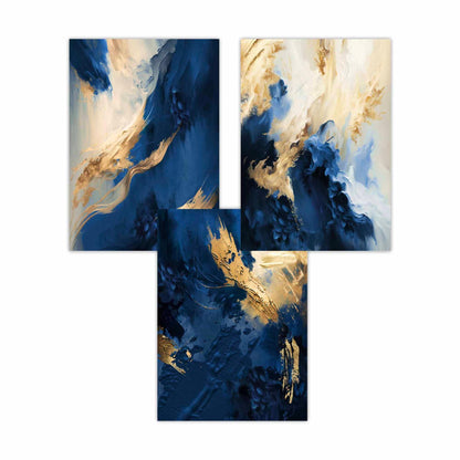 Abstraktes Set aus 3 Wandbildern in Marineblau und Gold