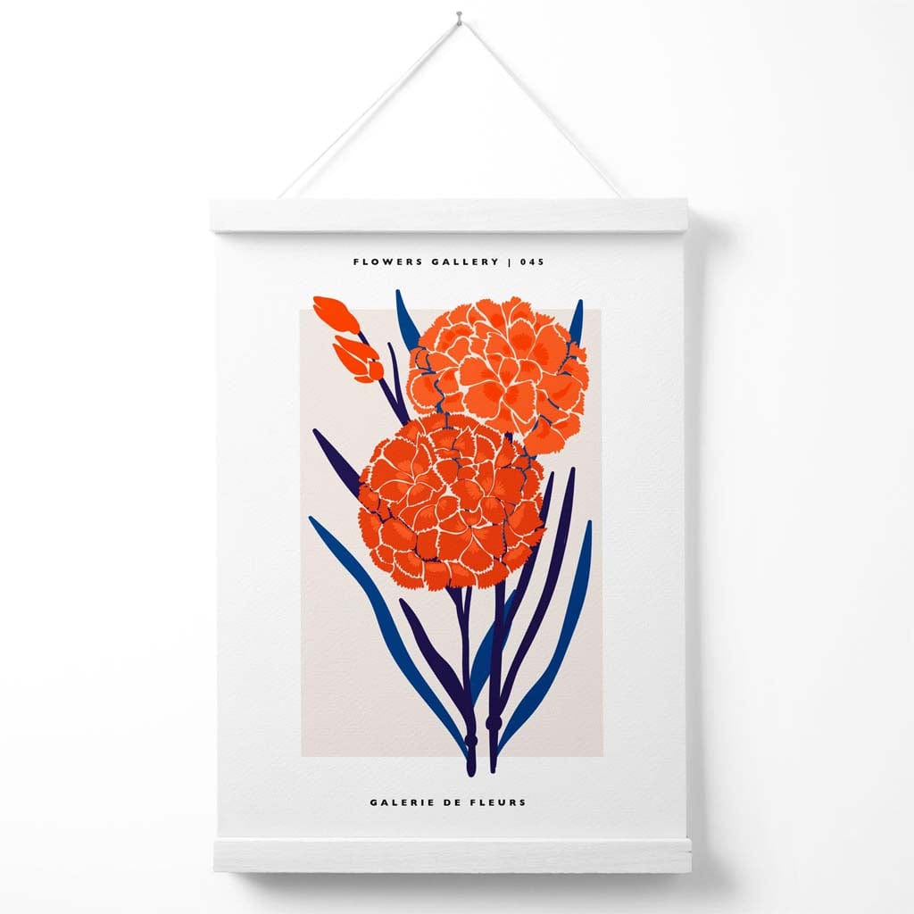 Ausstellungsplakat für den Allium-Blumenmarkt in Blau und Orange mit Aufhänger