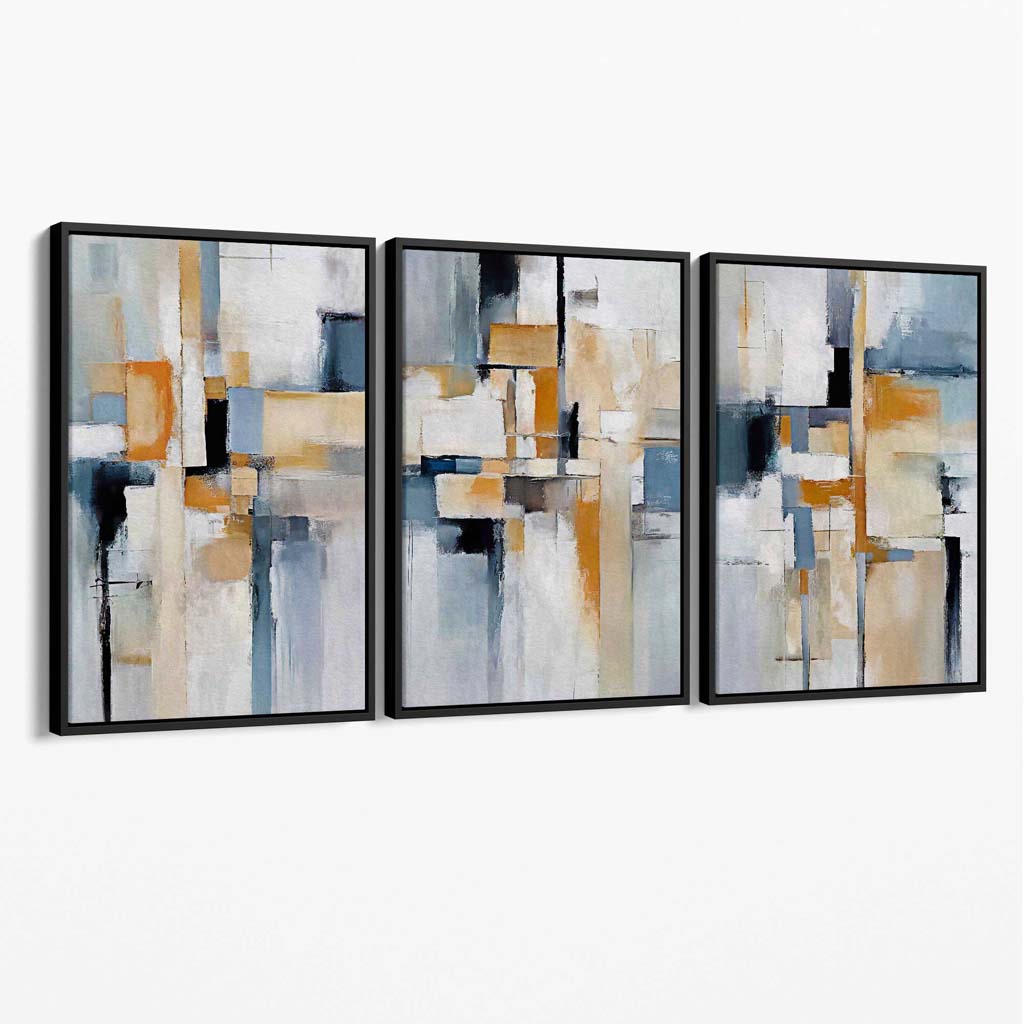 Abstraktes 3er-Set Leinwandbilder in Blau und Orange auf Beige