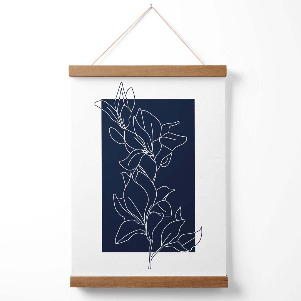 Abstraktes marineblaues und weißes florales Linienkunst-Poster mit Aufhänger