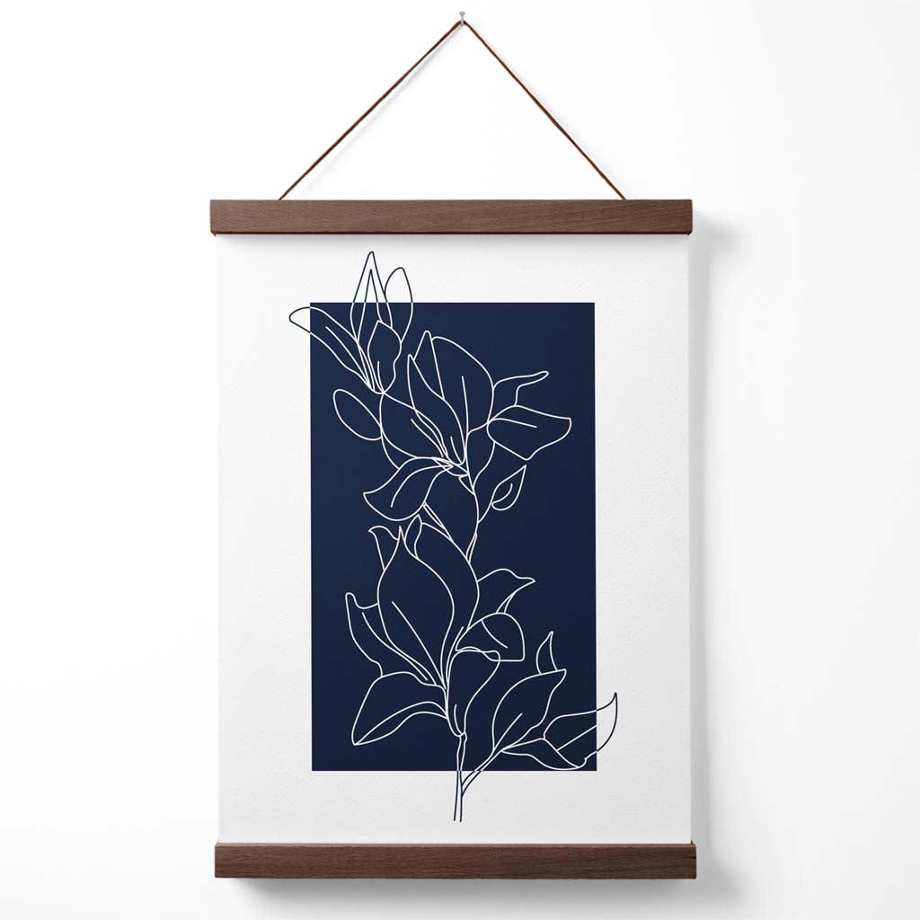 Abstraktes marineblaues und weißes florales Linienkunst-Poster mit Aufhänger