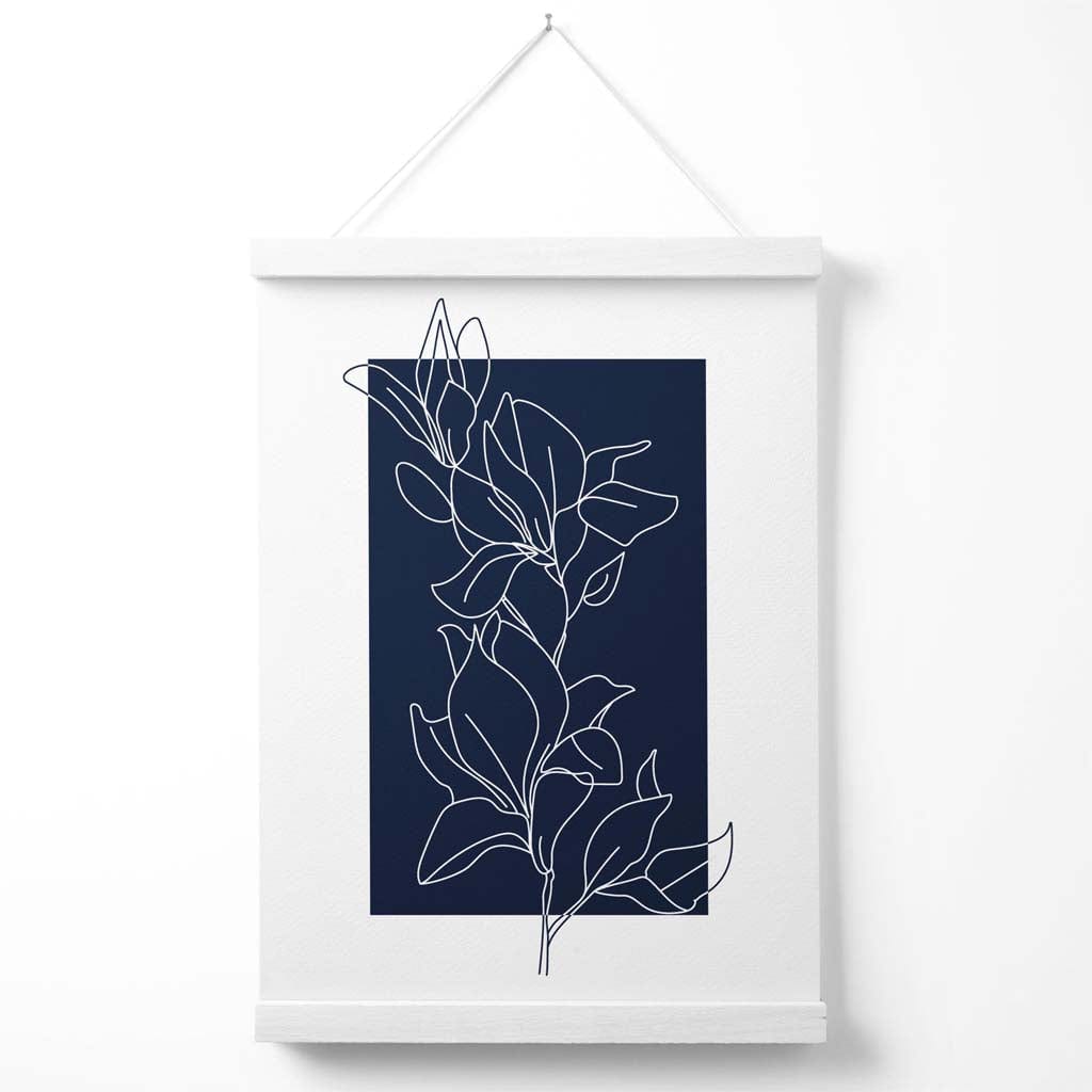 Abstraktes marineblaues und weißes florales Linienkunst-Poster mit Aufhänger