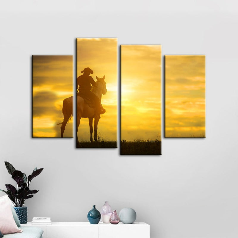 Ein Cowboy und sein Pferd - Leinwand Wandkunst Gemälde 4 Teile