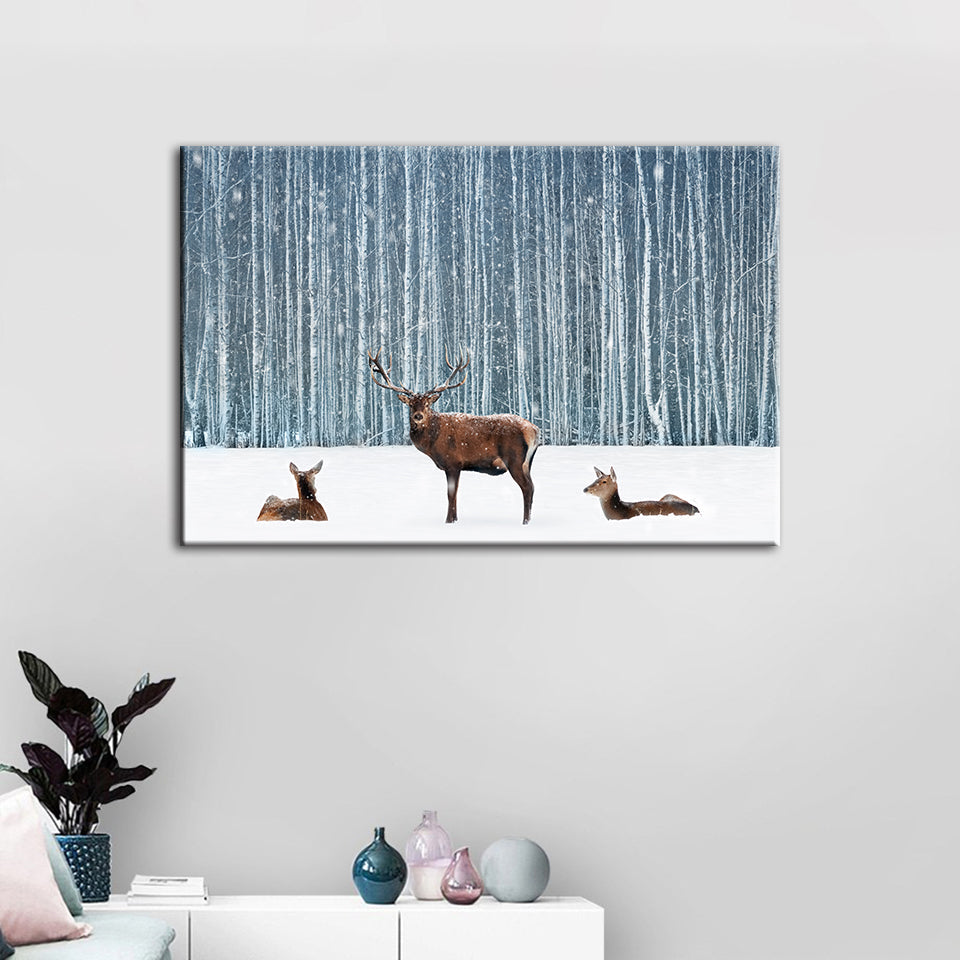 Zwei Rehe und ein Hirsch im Winter - Leinwandbild