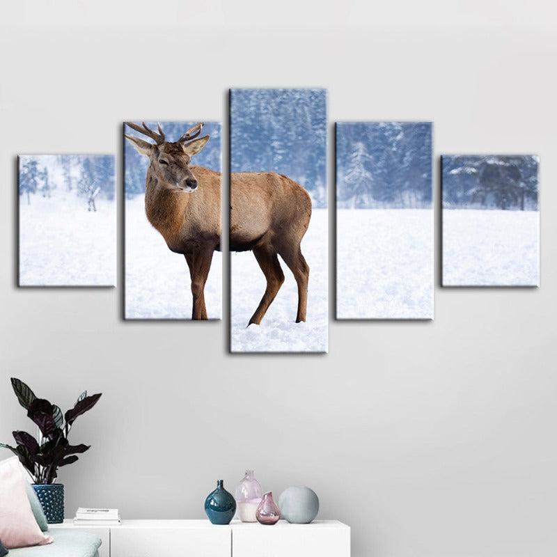 5-teilige verschneite Landschaft Reh - Leinwand Wandkunst Malerei