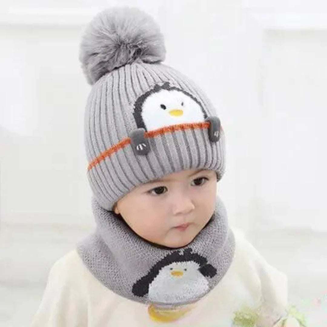 Brehn | Warmer Pinguin-Look – Strickmütze & Schal-Set für Kinder