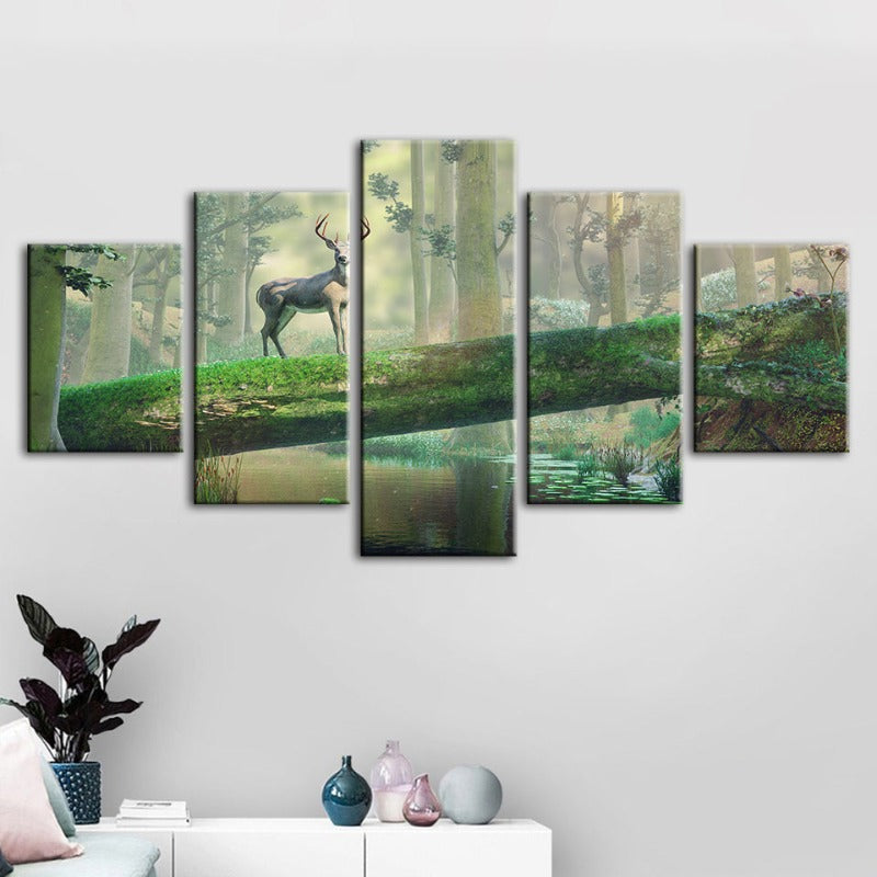 5-teilige verzauberte Wald Hirsch - Leinwand Wandkunst Malerei