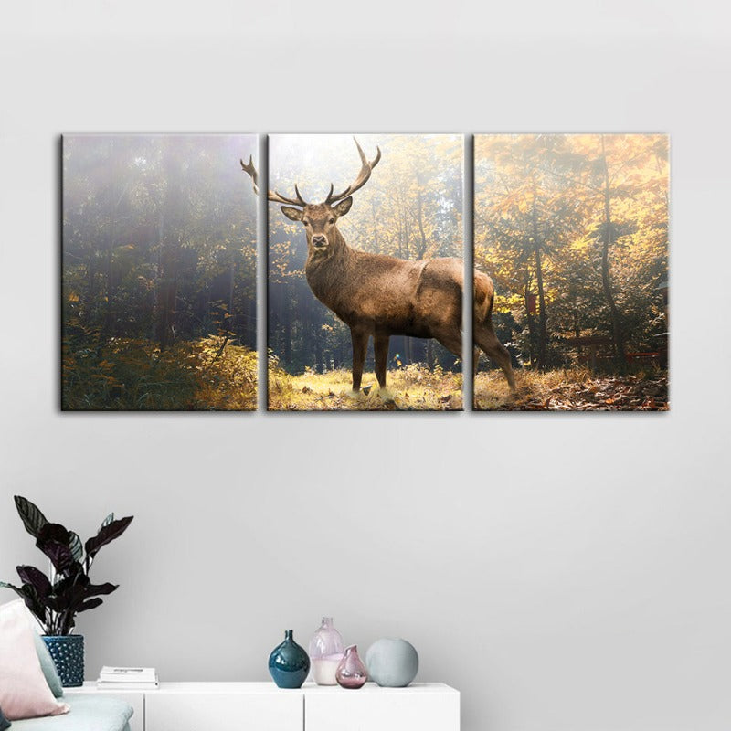 Majestätischer Hirsch im Wald - Canvas Wandkunst Gemälde 3 Teile