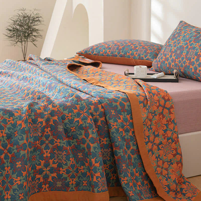 Brehn | Orange & Blau Muster Sechs-Lagen Baumwolldecke - TerraLoom