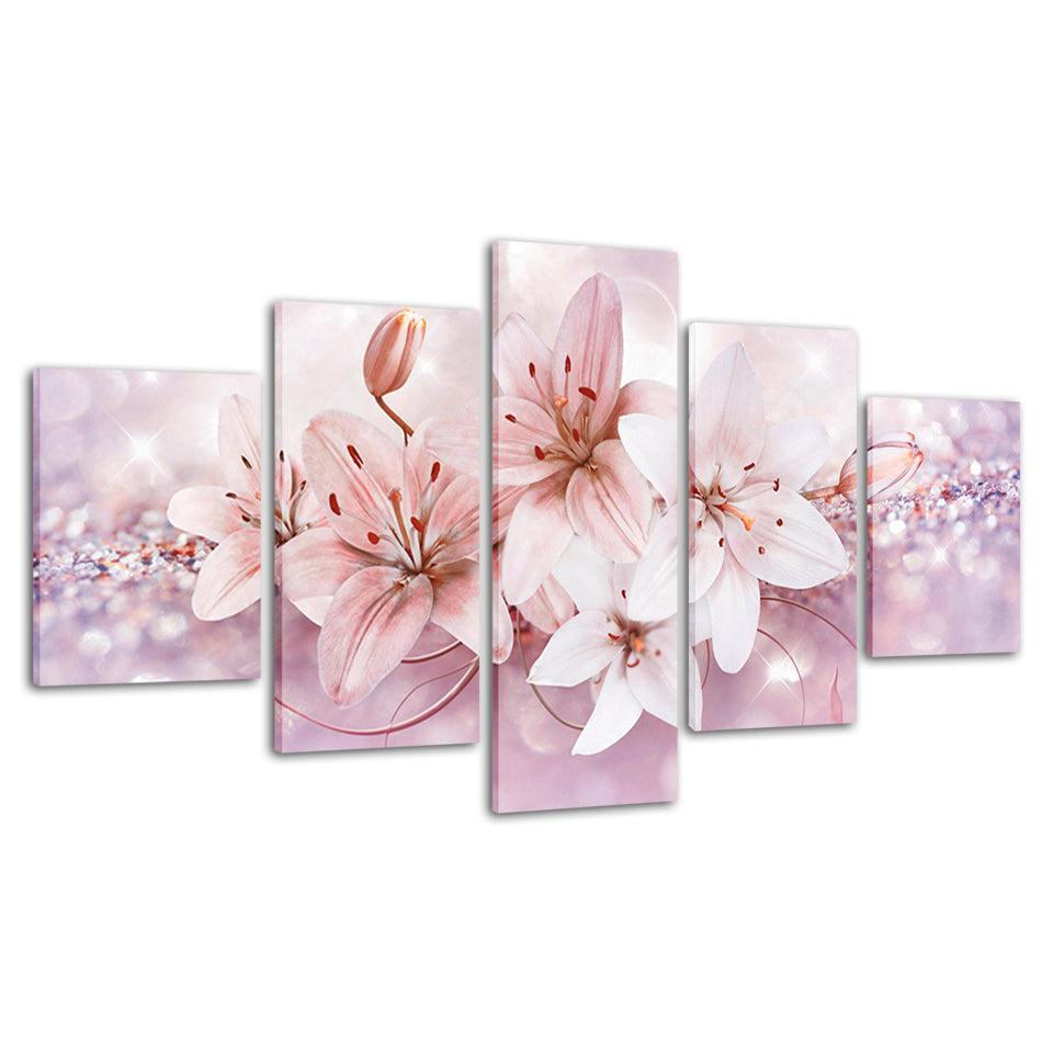 Glitzernde Sanfte Rosa Blumen 5 Stück - Leinwand Wandkunst Malerei