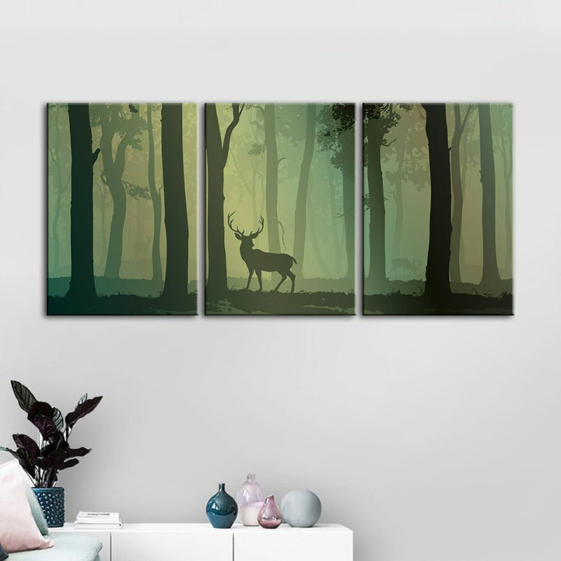 Verzauberte grüne Ton Silhouetten Reh-Leinwand Wandkunst Gemälde 3 Stücke