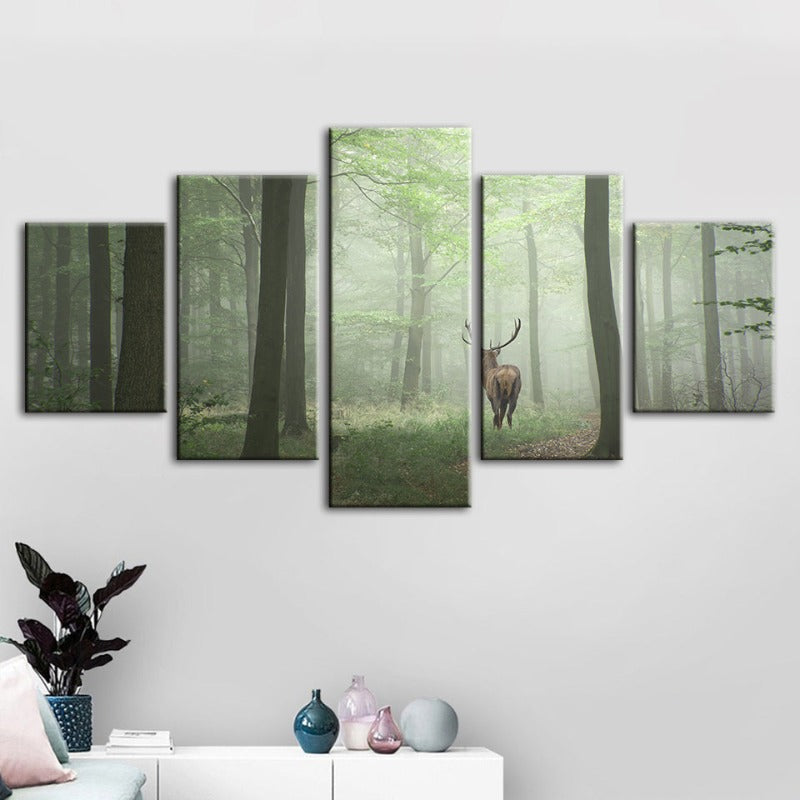 5 Stück Nebel Mystische Rehe Im Wald - Leinwand Wandkunst Gemälde
