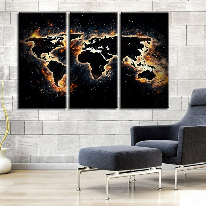 Feuer und schwarze Weltkarte - Leinwand Wandkunst Gemälde 3 Teile