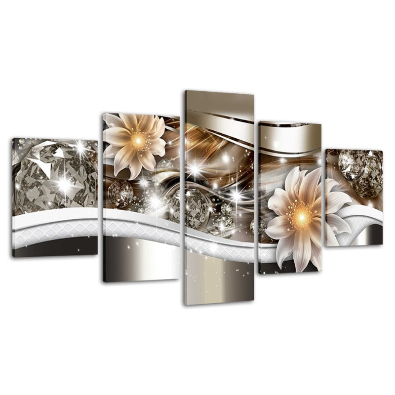 5-teiliges Golden Glow Hue Weiße Blume - Leinwand Wandkunst Gemälde