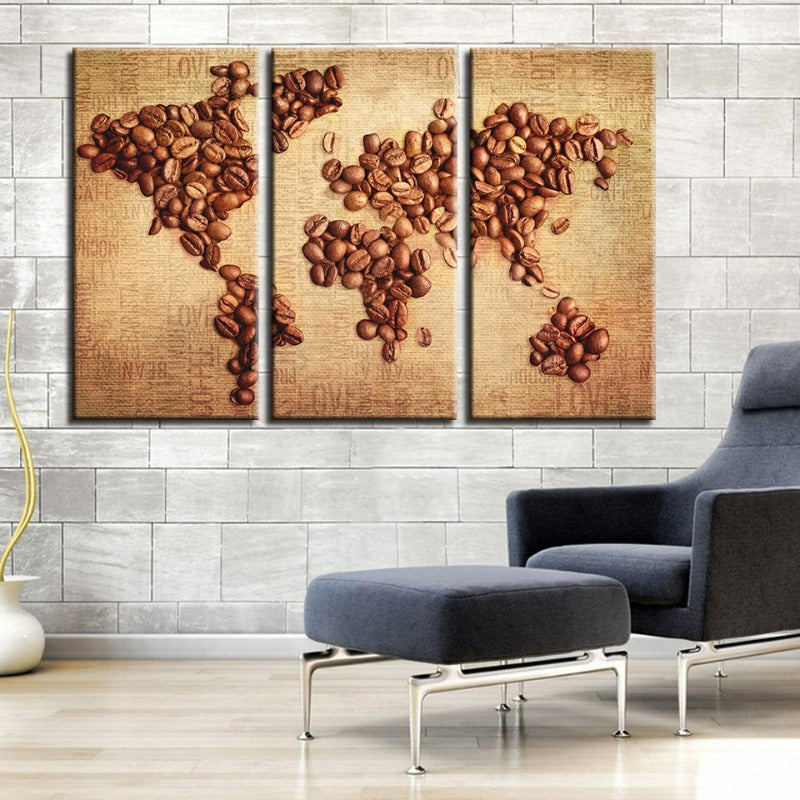 Schöne abstrakte Kaffeebohnen-Weltkarte - Leinwand Wandkunst Malerei 3 Teile