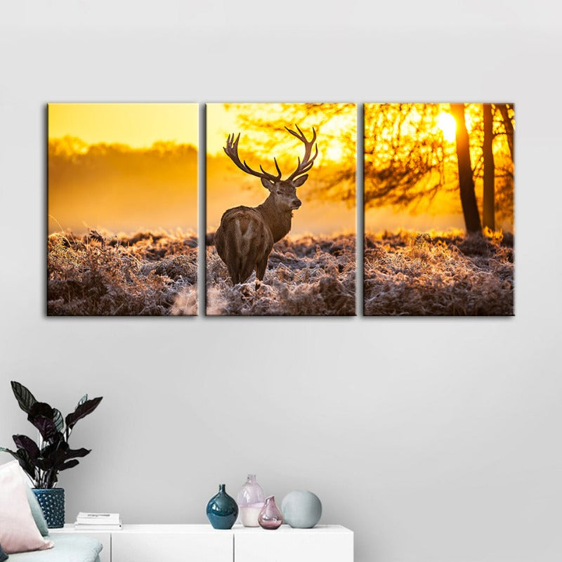 Winterhirsch im Morgengrauen – Leinwandbild, 3-teilig