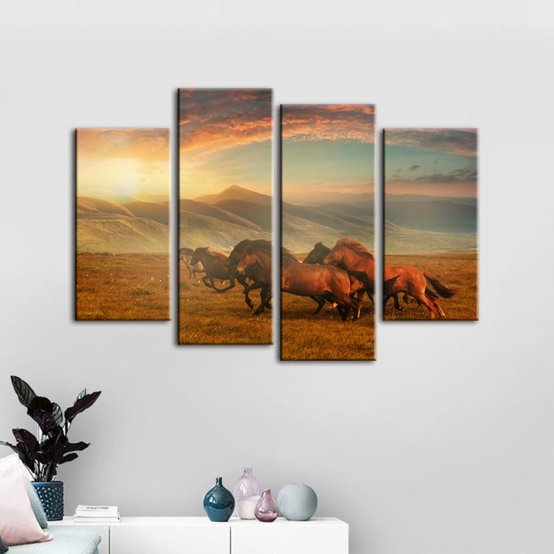 4 Stück Laufende Pferde Mit Schönem Landschaft - Leinwand Wand Kunst Malerei