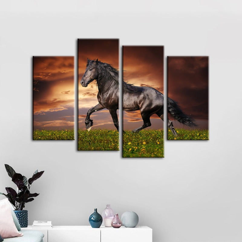 4 Stück Laufendes Schwarzes Pferd - Leinwand Wandkunst Gemälde