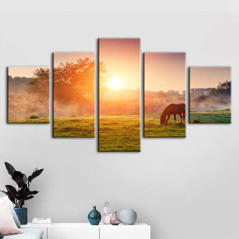 5-teiliges Sonnenaufgang-Weide-Pferd - Leinwand Wandkunst Gemälde