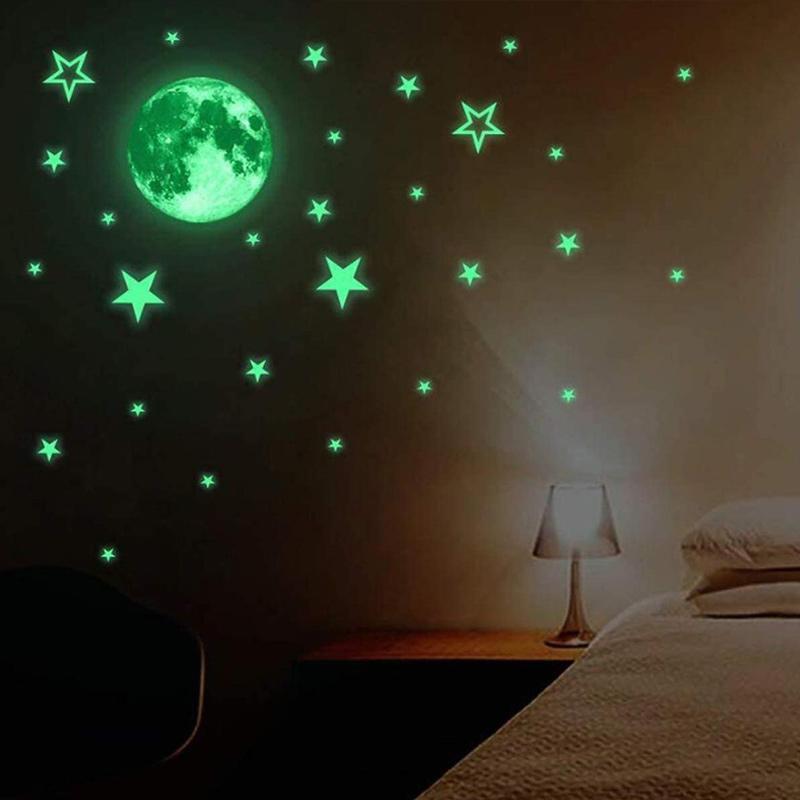Kreativer fluoreszierender Wandaufkleber - Mond / Sterne / runde Punkte | Brehn
