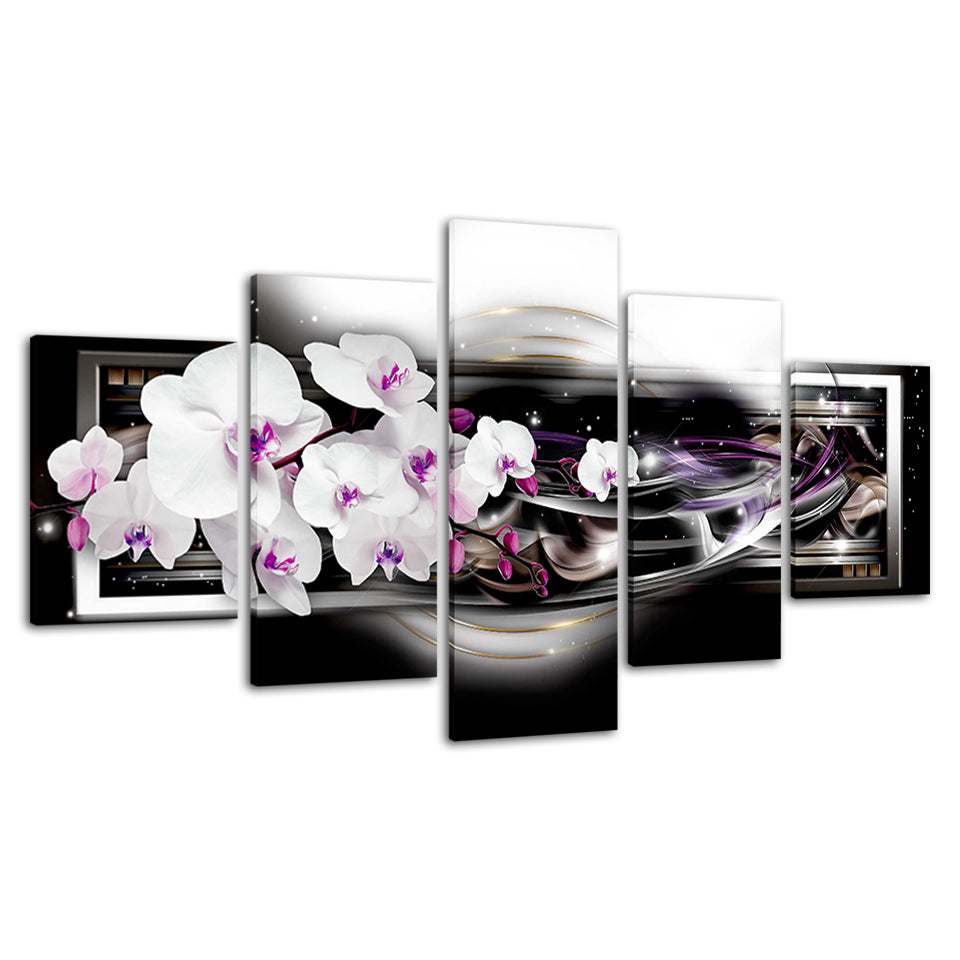 Weiße und violette Wellenorchideen, 5-teiliges Leinwandbild
