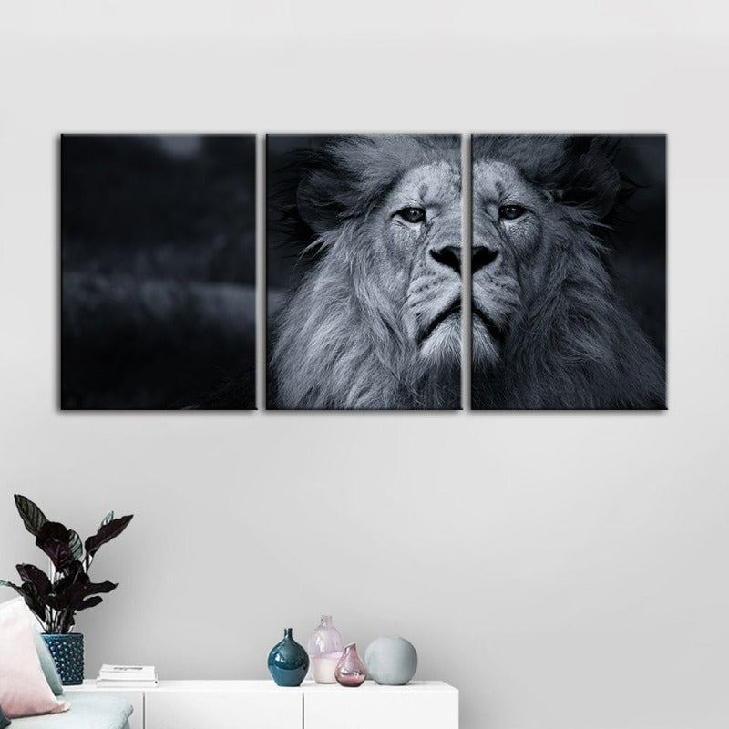 Graustufen Besorgter Löwe-Leinwand Wandkunst Gemälde 3 Teile