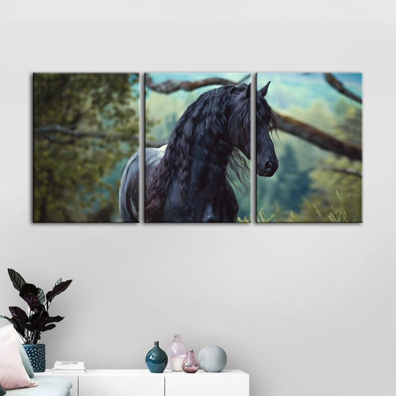 Schwarzes Pferd im Wald - Leinwand Wandkunst Gemälde 3 Teile