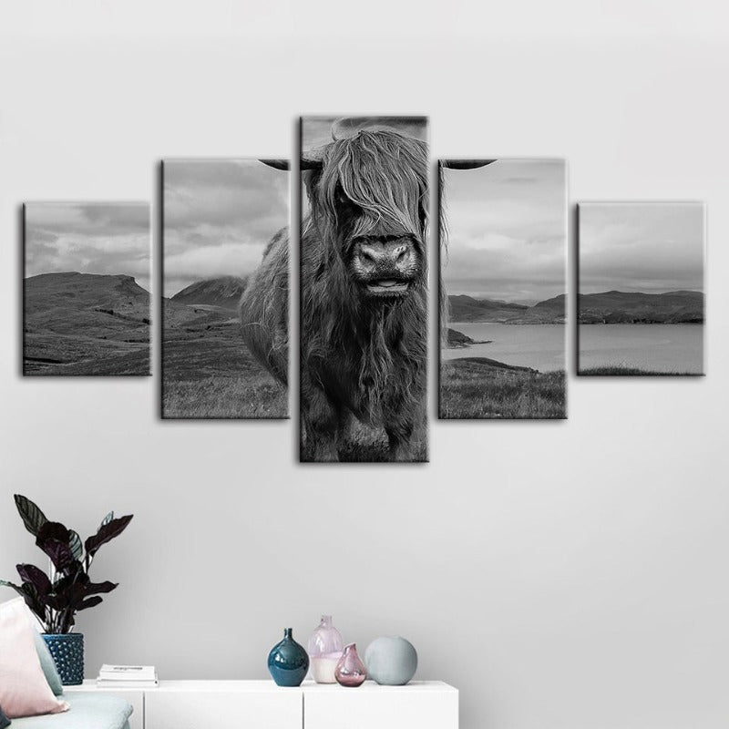 5-teiliges schwarz-weißes Kuh - Leinwand Wandkunst Gemälde