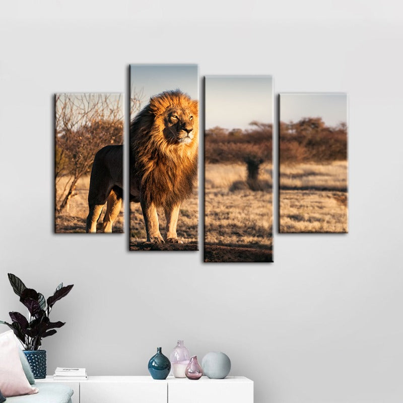 4-teiliger majestätischer Löwe im Sonnenlicht - Leinwand Wandkunst Malerei