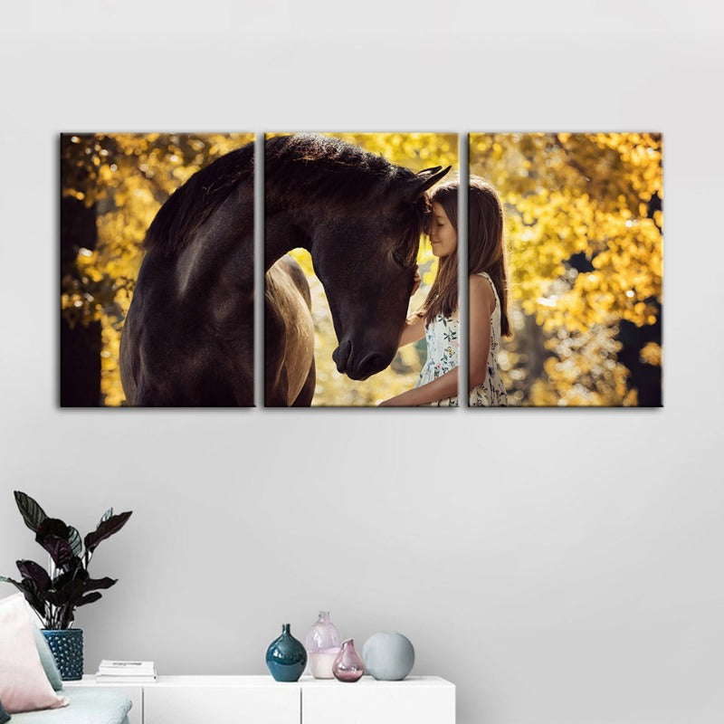Freundschaft zwischen einem Mädchen und einem Pferd - Leinwand Wandkunst Malerei 3 Teile
