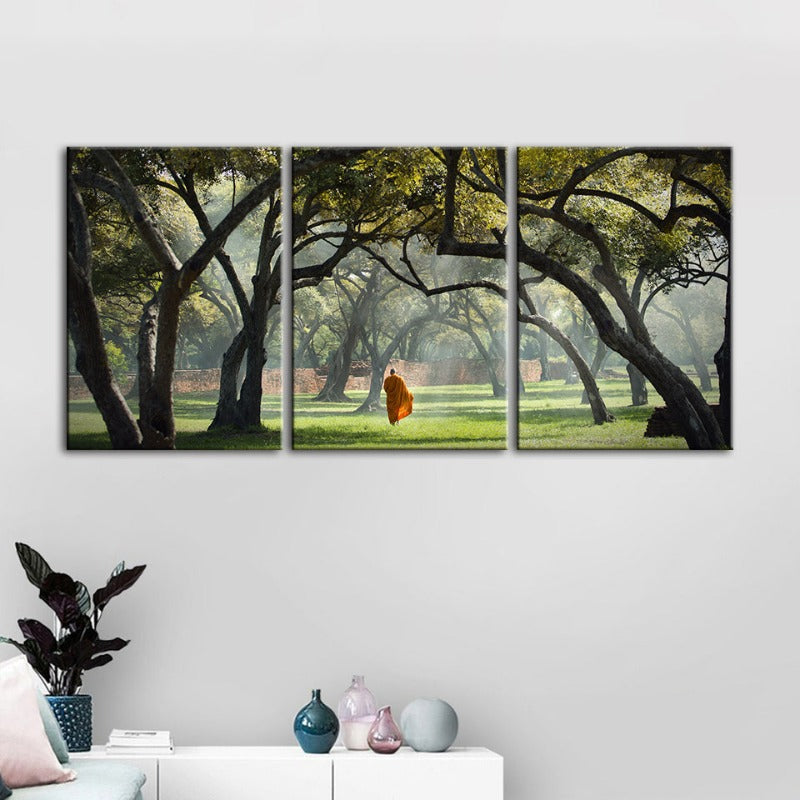Friedlicher Mönch Gehen-Canvas Wandkunst Gemälde 3 Stücke