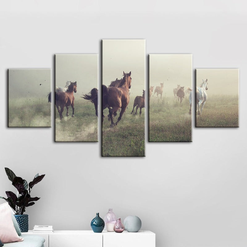 5 Stück Laufender Schwarzer Hengst - Leinwand Wandkunst Malerei