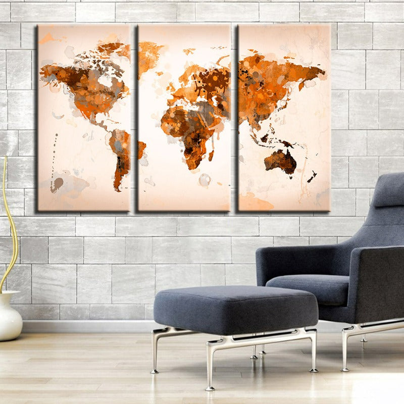 Schöne abstrakte braune Weltkarte-Canvas-Wandkunstbild 3 Teile